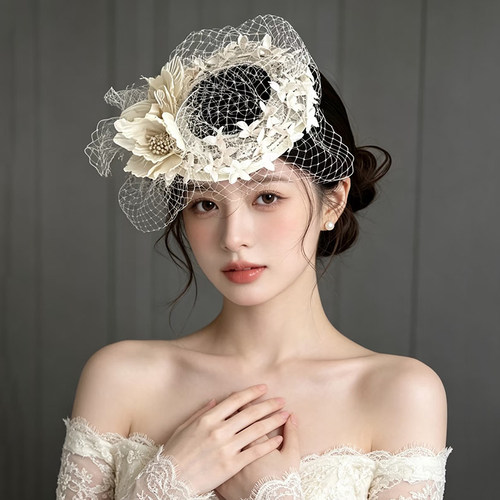 复古手工烫花花朵小礼帽新娘婚纱头饰纱网发箍柔甜洛可可风