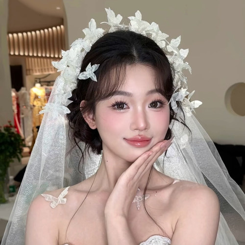法式蕾丝花朵发带新娘森系超仙头饰白色婚纱结婚仙美蝴蝶灵动发饰