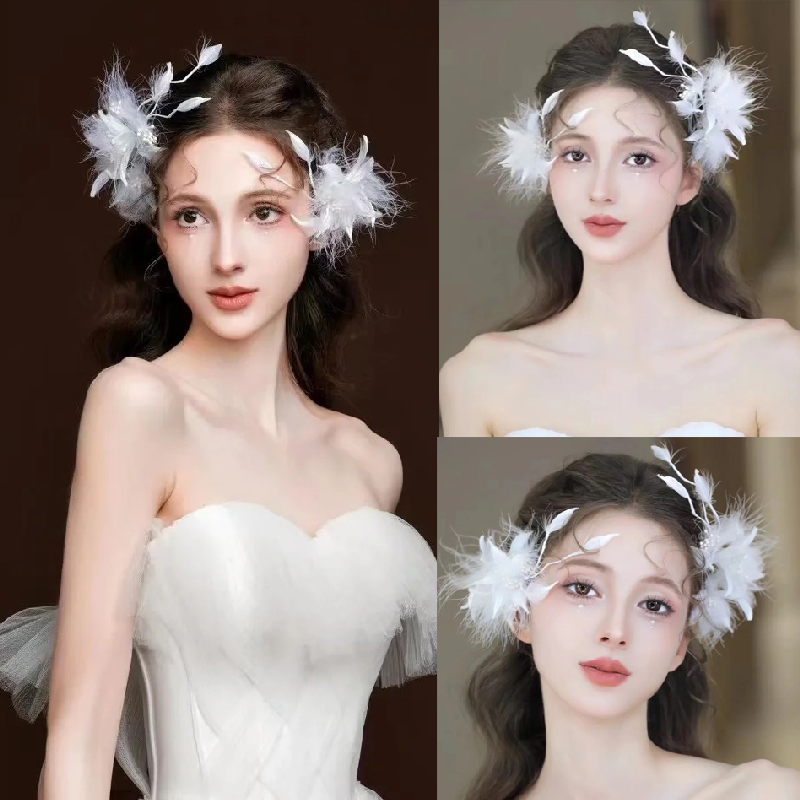 甜美气质白色羽毛花朵边夹对夹发饰新娘伴娘礼服造型婚纱头饰