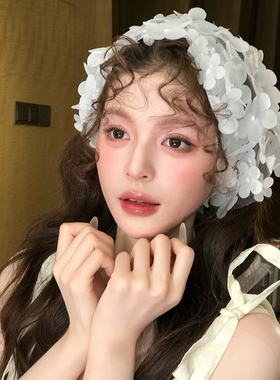 森系超仙花朵头纱发饰女白色小清新新娘包头纱拍照道具氛围感