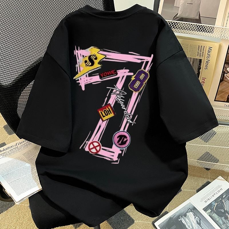 重磅纯棉百搭学生T恤前后数字印花男女短袖高级设计感新款潮上衣