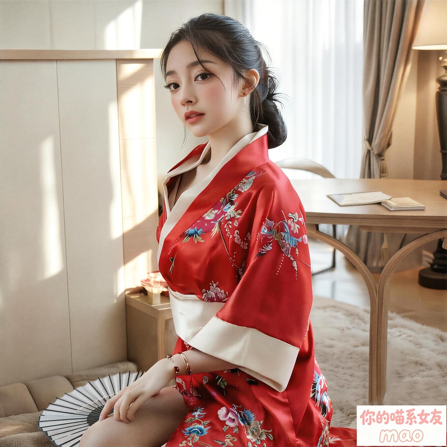 猫!昭和少女*网红日系法式性感低胸深V领花色和服裙收腰蝴蝶结腰