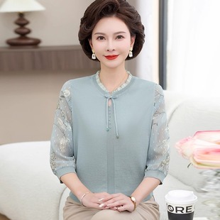 中式 上衣长袖 体恤新款 女装 针织打底小衫 妈妈春秋薄款 中老年七分袖