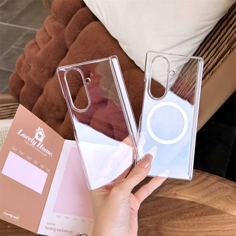 适用三星zfold7简约超薄磁吸透明硬壳Z Fold7光面高清无线充后盖手机壳 铰链中轴全包壳情侣款防摔壳