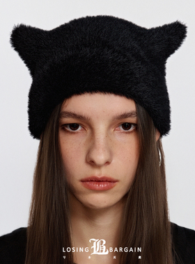 【Losing Bargain】原创自制毛毛针织猫耳恶魔角帽子百搭弹力冷帽