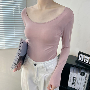 莫代尔黑色低领打底衫女春秋内搭修身长袖薄款T恤U领上衣2024新款