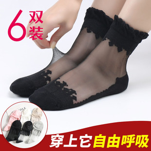丝袜女春秋冰丝纯棉底防滑中筒透明水晶薄款 蕾丝花边玻璃透气袜子