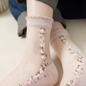 丝袜女春夏薄款 碎花玻璃粉色透明耐磨纯棉水晶冰丝蕾丝花边中筒袜