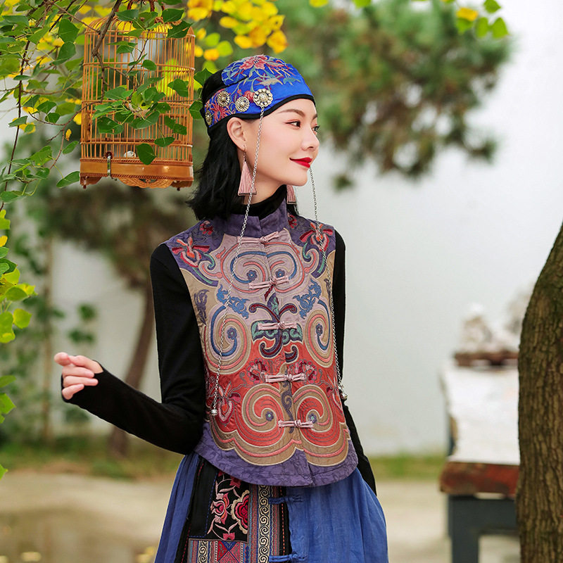 中式茶人服马甲云南民族风手工刺绣女装大码中国风茶艺师棉麻外套