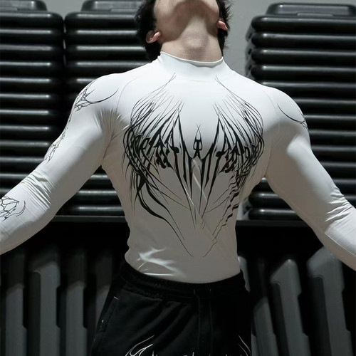 新款健身衣男长袖速干弹力半高领透气弹力运动跑步打底衫美式潮牌