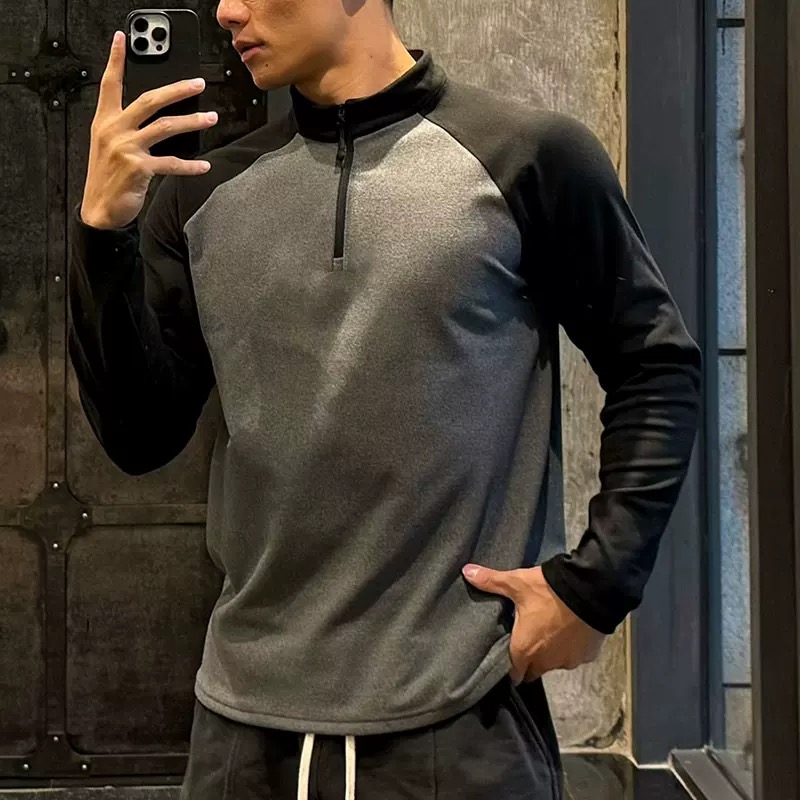 运动长袖男T恤半门襟小高领圆领插肩袖德绒保暖秋冬季打底衫健身