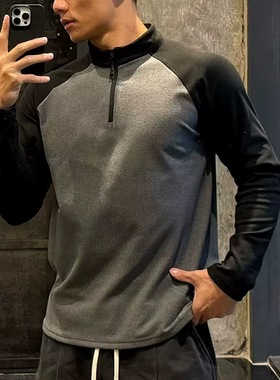 运动长袖男T恤半门襟小高领圆领插肩袖德绒保暖秋冬季打底衫健身