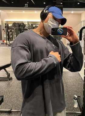 春秋季美式纯色条纹运动卫衣男长袖T恤大码宽松落肩健身训练圆领