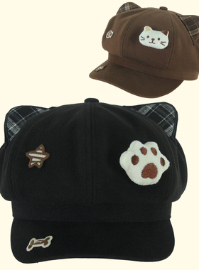 秋冬季鱼爪子猫格子耳朵八角帽子