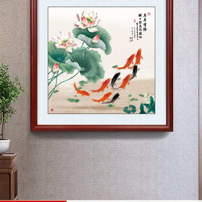 玄关装饰画荷花九鱼图新中式卧室走廊客厅沙发背景墙壁正方形挂画图片