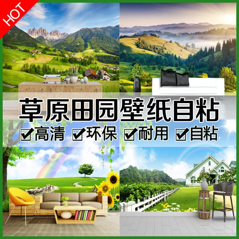 现代简约大自然草原田园风景壁纸装饰画卧室客厅电视背景墙纸自粘