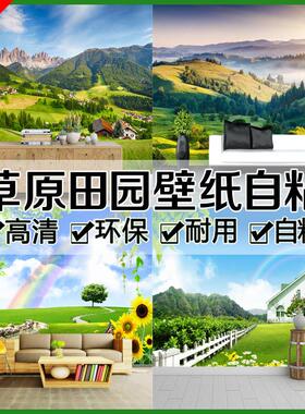 现代简约大自然草原田园风景壁纸装饰画卧室客厅电视背景墙纸自粘