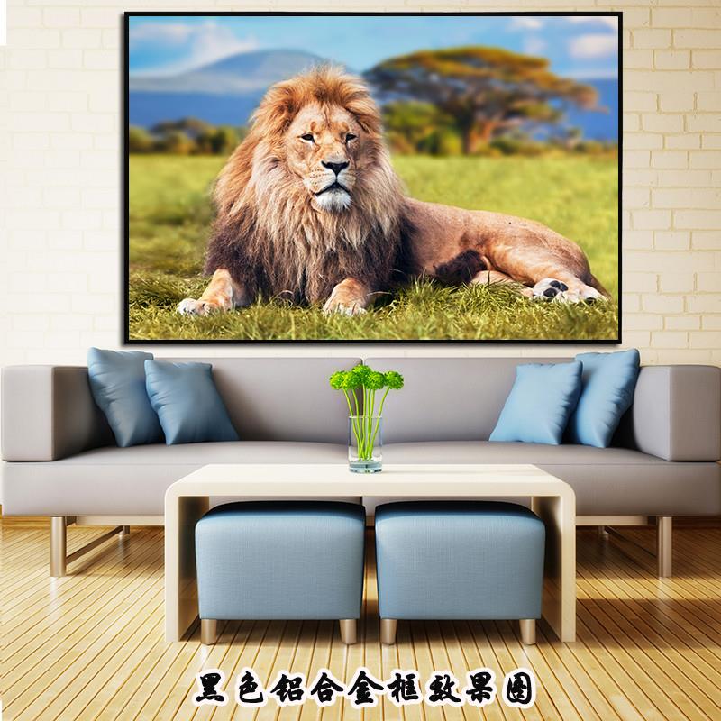 狮子画报简约客厅实木装饰挂画动物贴墙画雄狮图办公室风水画壁画图片