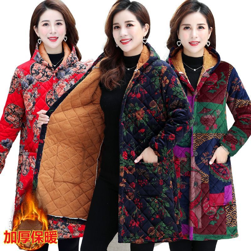 四川省服妈妈冬装中长款加绒棉衣中年女时尚大码印花中年加厚罩衣