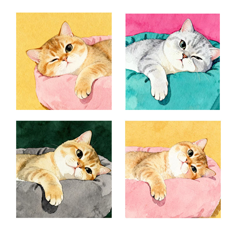 法式奶油风爱睡觉的小猫艺术海报多巴胺卡通装饰画画芯挂画墙面画