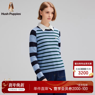 秋季 暇步士女装 撞色弹力保暖线衣彩条圆领套头针织衫 羊毛混纺