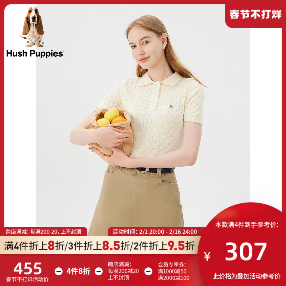 Hush Puppies暇步士女装2023秋季简约纯棉Polo领修身短袖针织衫
