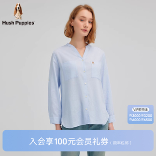 亚麻面料 秋季 暇步士女装 女 透气宽松上衣长袖 V领慵懒休闲衬衫