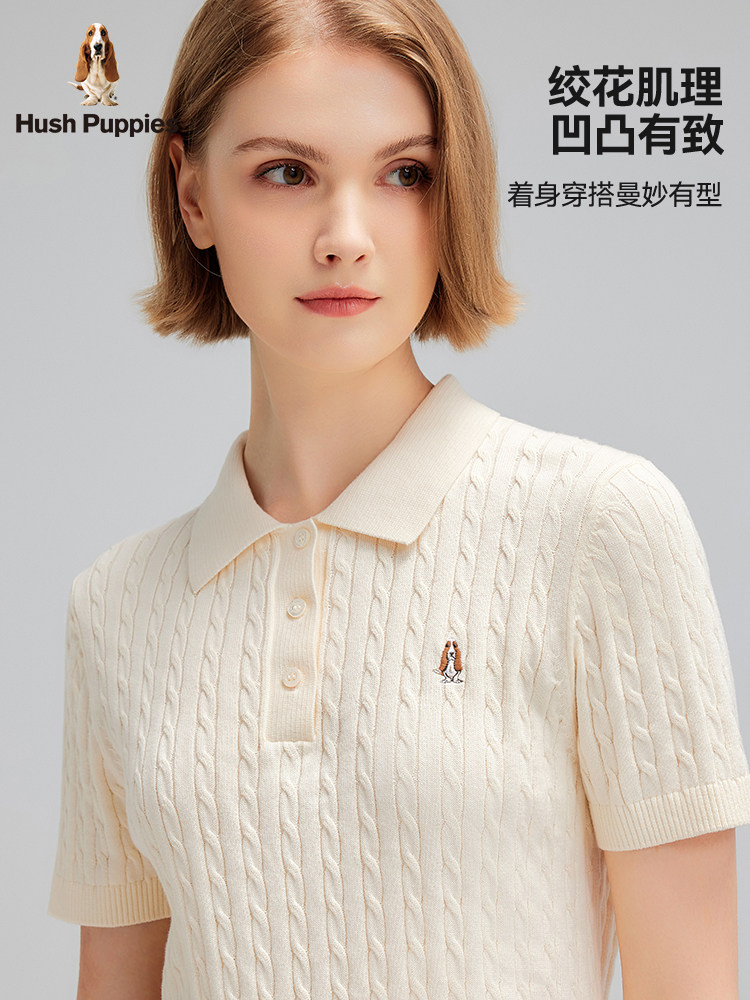 HUSH PUPPIES 여성 여름 순수 코튼 통기성 캐주얼 케이블 타이 폴로 칼라 여성용 반팔 스웨터