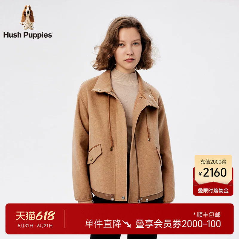 Hush Puppies暇步士女装拼接PU皮复古毛呢外套秋冬保暖上衣含羊毛