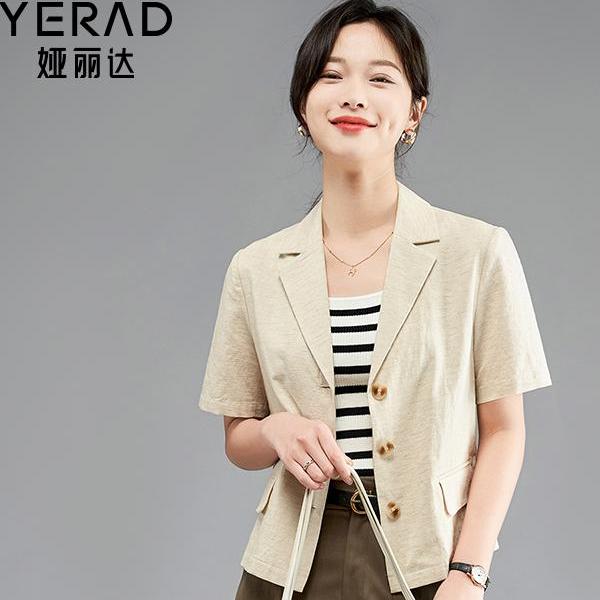 娅丽达宽松亚麻薄款西装外套女夏季2025新款休闲小个子短袖西服女