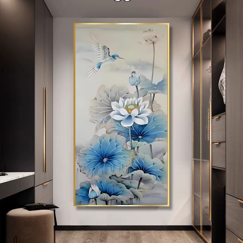荷花翠鸟图十字绣竖版玄关客厅
