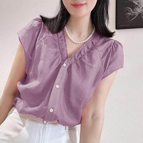 木耳边V领小飞袖衬衫女夏季新款
