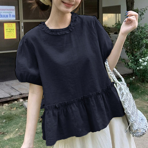 木耳边圆领套头荷叶摆薄款衬衫女