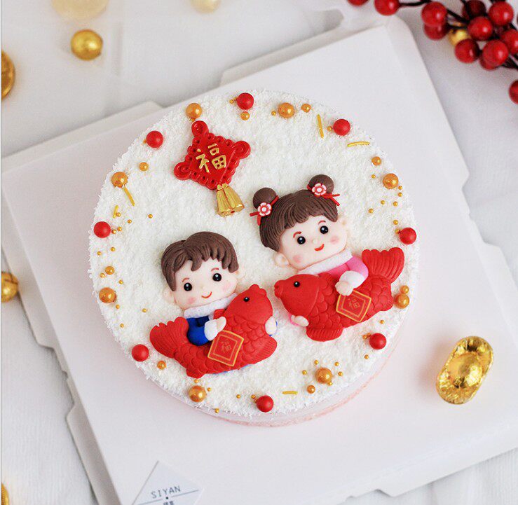 新年锦鲤男孩女孩软陶插件年年有鱼宝宝蛋糕装饰