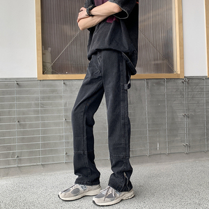 25高街复古裤脚拉链牛仔裤男伐木工设计款水洗直筒长裤G98929-P65图片