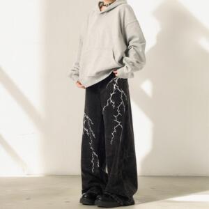 小众设计感刺绣闪电宽松牛仔裤男女街头直筒拖地长裤G5821-P58,NIKE挎包小众穿搭图片