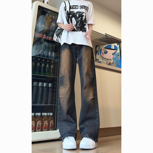 美式复古牛仔裤男高街vibe直筒渐变设计感痞帅微喇叭裤G8066-P58图片