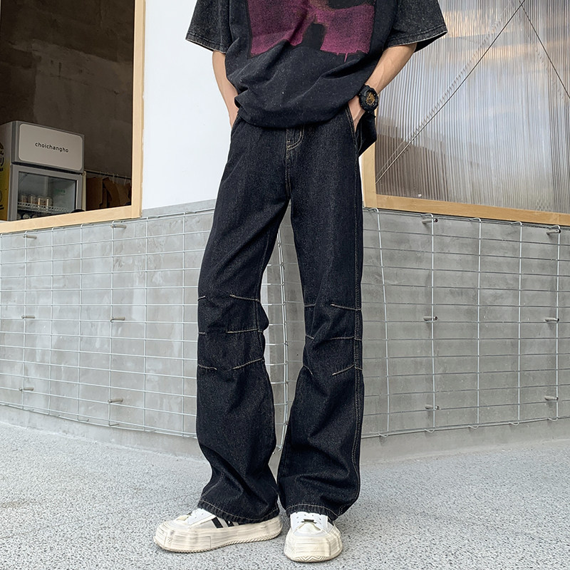 2025高街水洗拼接设计牛仔裤男女同款宽松微喇长裤G98930-P65,男装牛仔裤,星座814-1（原电商B253-1）