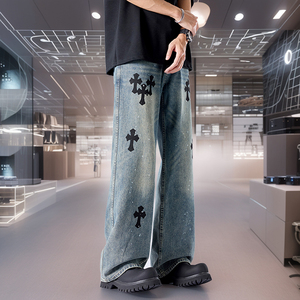 夏季高街十字架牛仔裤男美式复古泼墨宽松直筒长裤G2201-P68图片