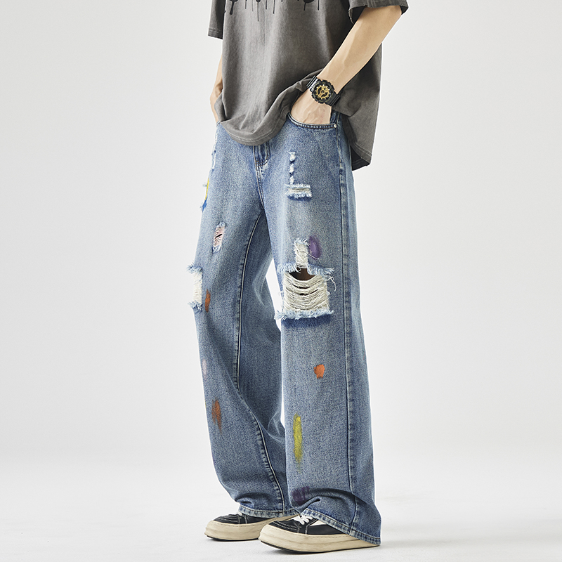 美式高街宽松直筒破洞牛仔裤男垂感大码痞帅乞丐脏脏裤G9095-P65，男装牛仔裤，星座814-1（原电商B253-1）