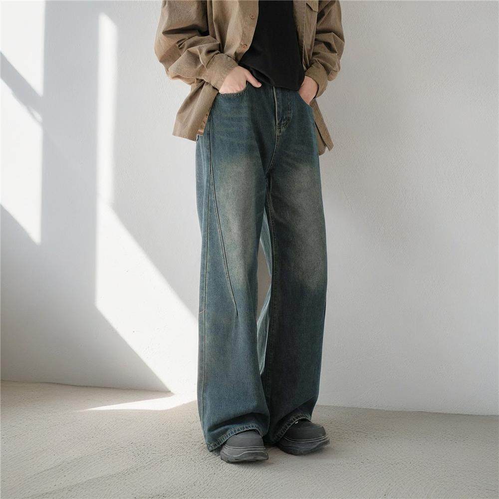 美式水洗做舊微喇牛仔褲男寬松復(fù)古cleanfit直筒長褲G3932-P55圖片