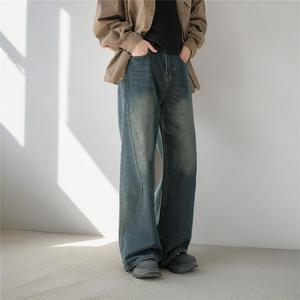 美式水洗做舊微喇牛仔褲男寬松復(fù)古cleanfit直筒長褲G3932-P55圖片