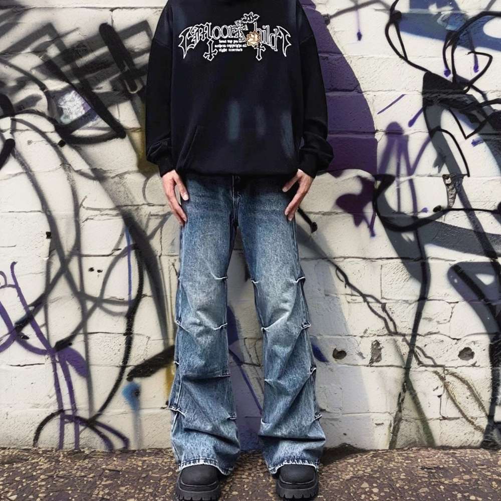 高街复古褶皱牛仔裤男女宽松百搭微喇cleanfit情侣长裤G5815-P58，男装牛仔裤，星座814-1（原电商B253-1）