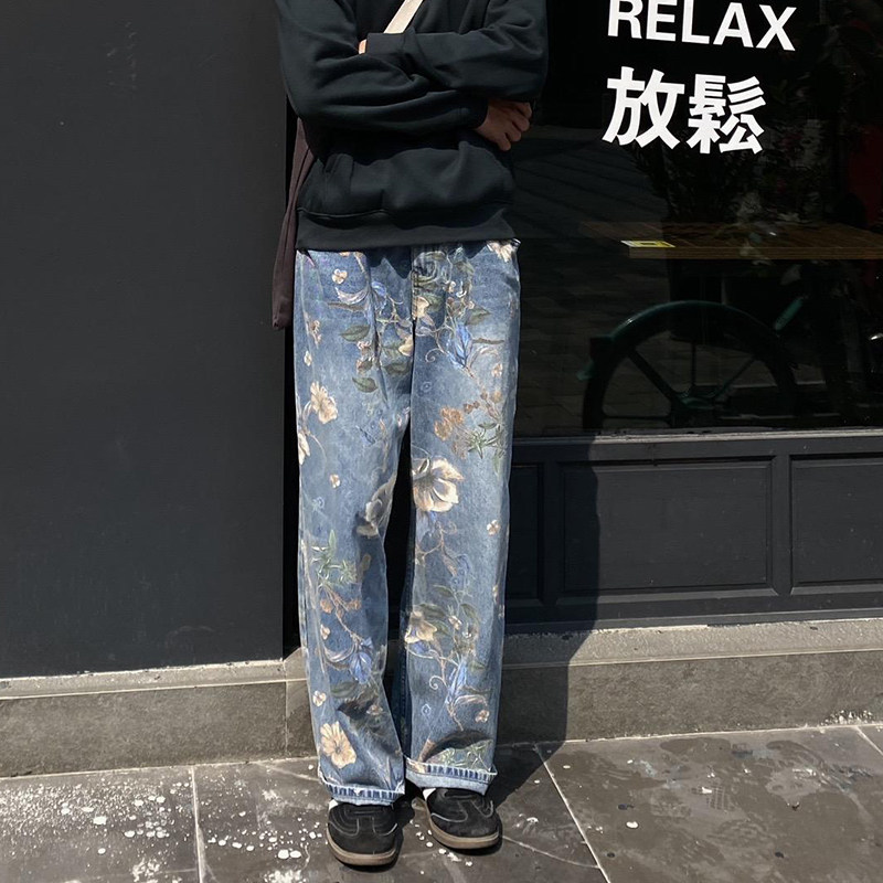美式街头痞帅印花牛仔裤男女风宽松拖地阔腿裤子G2059-P58,男装牛仔裤,星座814-1（原电商B253-1）