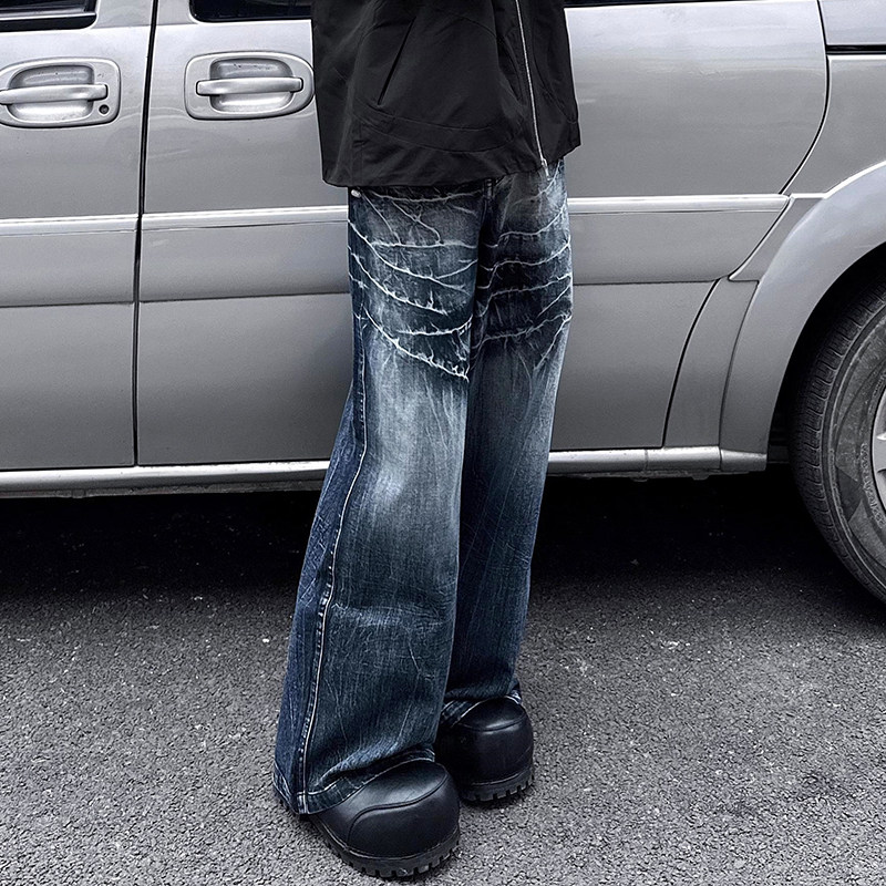 闪电纹水洗宽松牛仔裤男女vibe风设计感阔腿裤子G2280-P65，男装牛仔裤，星座814-1（原电商B253-1）