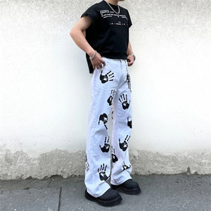 2025美式街头微喇裤子男高街复古手掌印白色牛仔裤G5669-P65图片