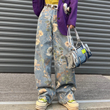 高级感花卉印花牛仔裤男女小众街头痞帅宽松直筒阔腿裤G2059-P58，男装牛仔裤，星座814-1（原电商B253-1）