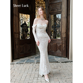 Sheer Luck 设计氛围感鱼尾裙摆蕾丝拼接一字肩连衣裙长裙