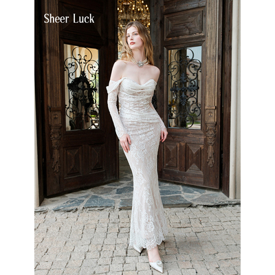 蕾丝一字肩连衣裙鱼尾裙