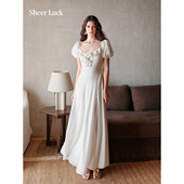 Luck Florette 氛围感晕染法式 Sheer 度假风方领泡泡袖 连衣裙长裙